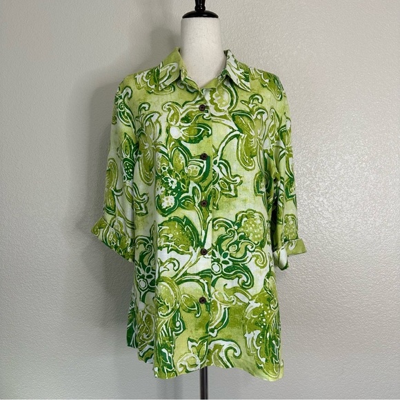 Chico’s 100% Linen Green Tropical Floral 3/4 Sleeves Button Down Shirt, Sz Large - Picture 1 of 13